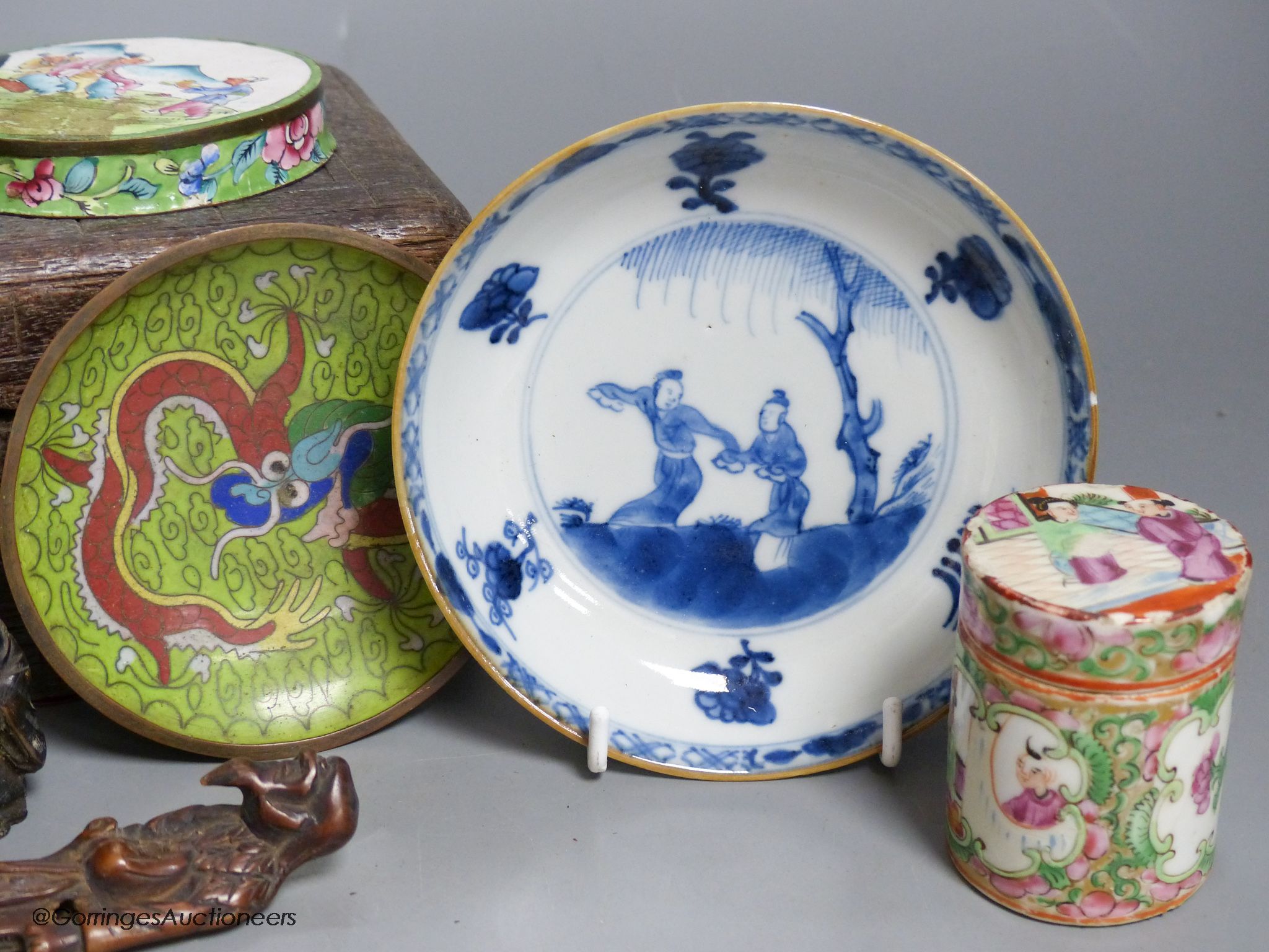 A small miscellaneous Oriental collection including enamel snuff boxes, Buddha carvings etc.